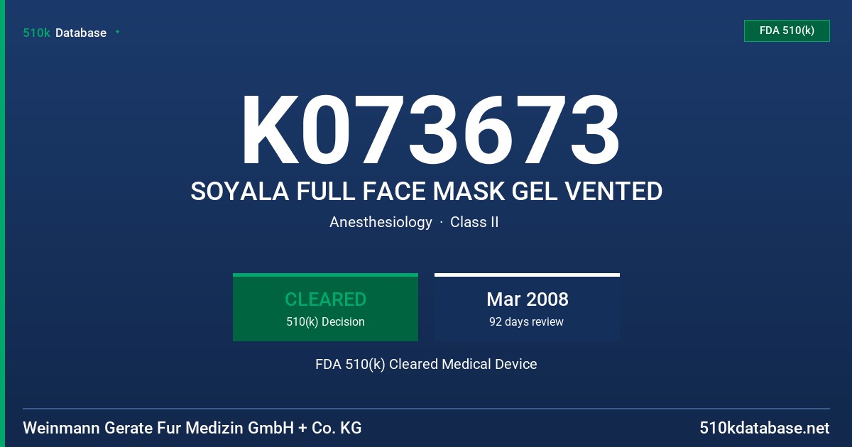 K073673 SOYALA FULL FACE MASK GEL VENTED FDA 510(k) Cleared Medical Device