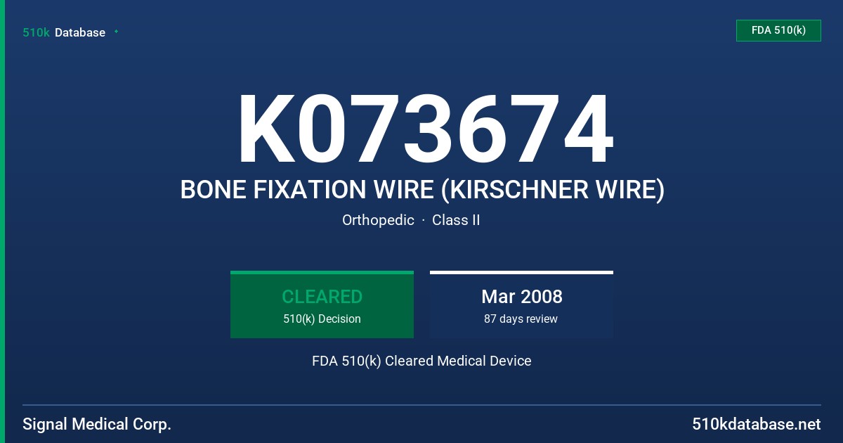 K073674 BONE FIXATION WIRE (KIRSCHNER WIRE) FDA 510(k) Cleared Medical Device