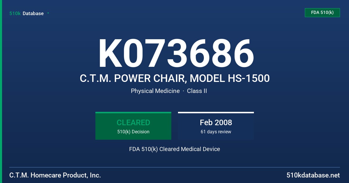 K073686 C.T.M. POWER CHAIR, MODEL HS-1500 FDA 510(k) Cleared Medical Device