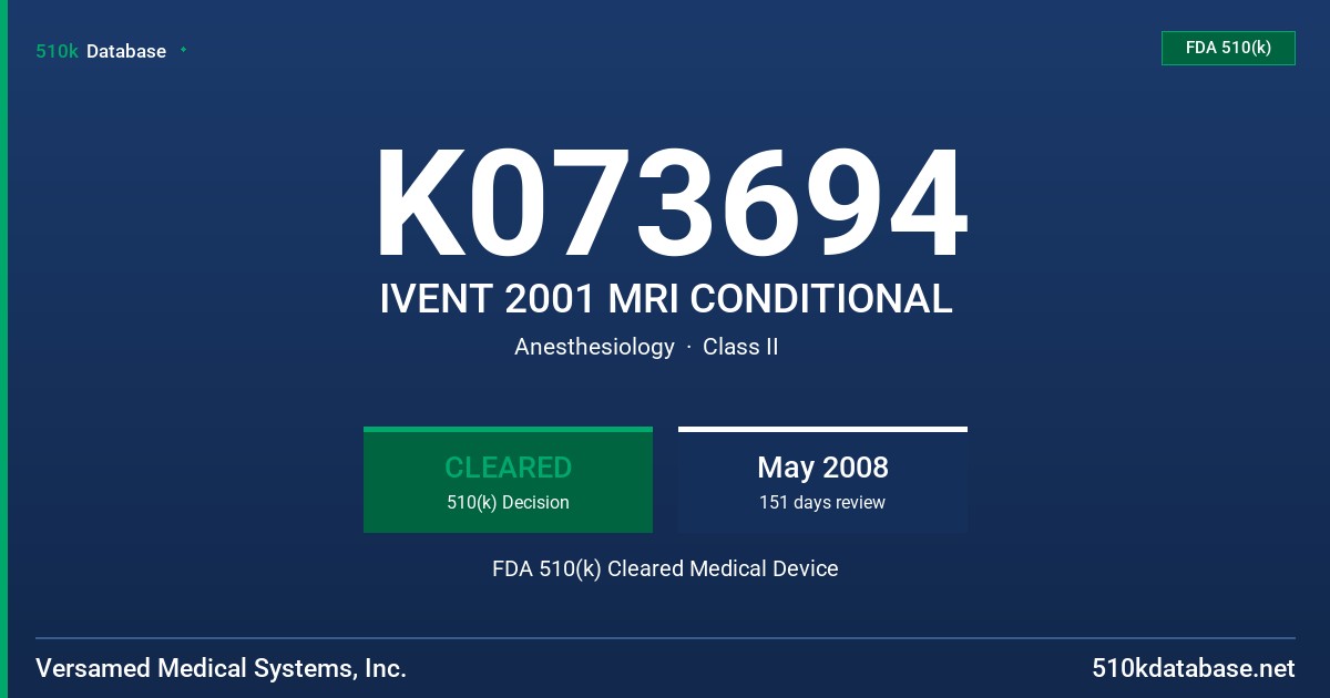 K073694 IVENT 2001 MRI CONDITIONAL FDA 510(k) Cleared Medical Device