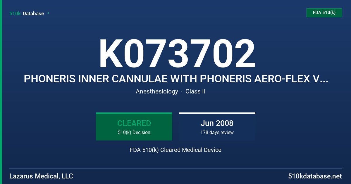 K073702 PHONERIS INNER CANNULAE WITH PHONERIS AERO-FLEX VENTILATOR CIRCUIT CONNECTOR FDA 510(k) Cleared Medical Device