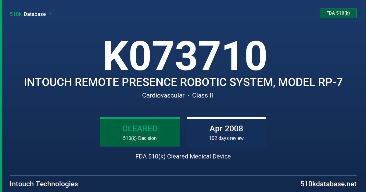 K073710 INTOUCH REMOTE PRESENCE ROBOTIC SYSTEM, MODEL RP-7 FDA 510(k) Cleared Medical Device
