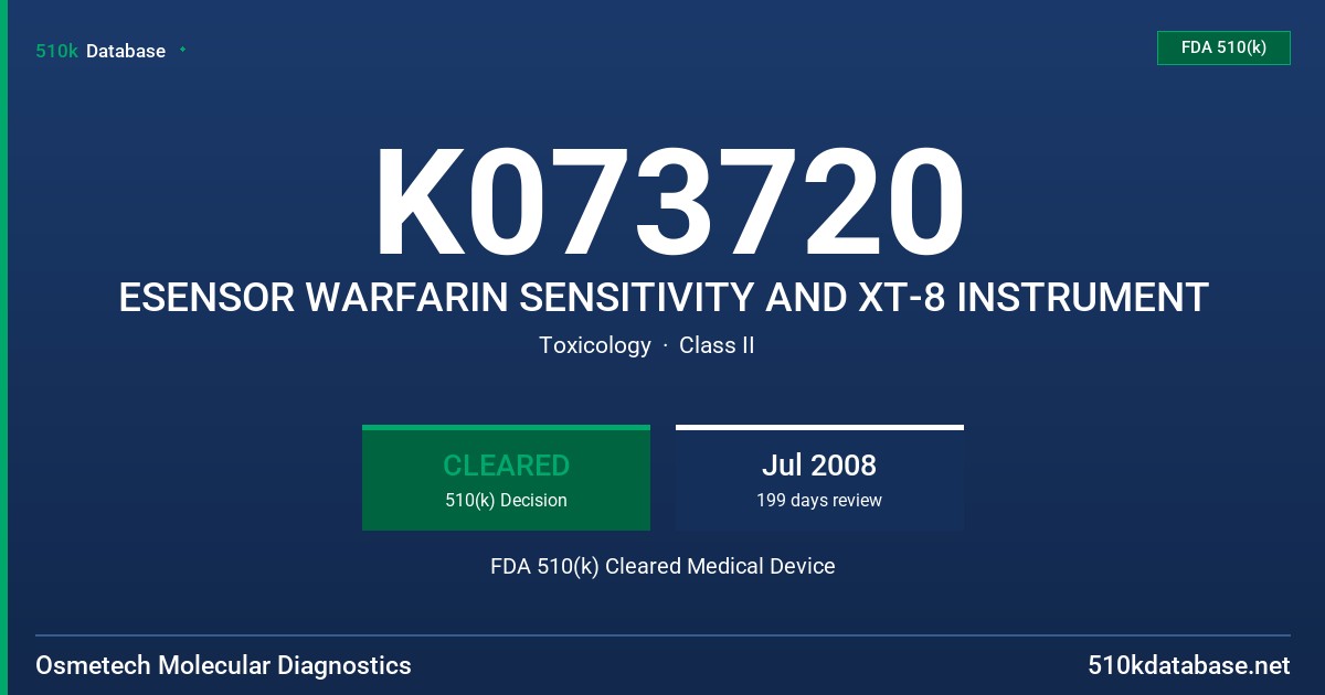 K073720 ESENSOR WARFARIN SENSITIVITY AND XT-8 INSTRUMENT FDA 510(k) Cleared Medical Device