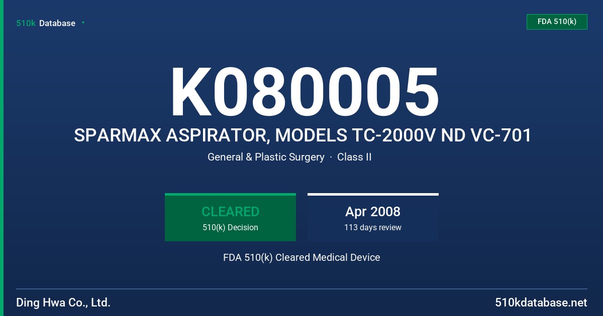 K080005 SPARMAX ASPIRATOR, MODELS TC-2000V ND VC-701 FDA 510(k) Cleared Medical Device