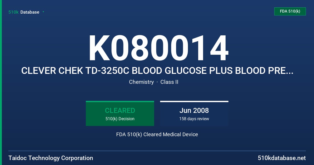K080014 CLEVER CHEK TD-3250C BLOOD GLUCOSE PLUS BLOOD PRESSURE MONITORING SYSTEM FDA 510(k) Cleared Medical Device