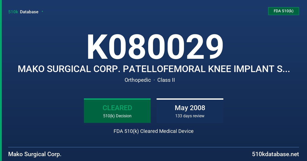 K080029 MAKO SURGICAL CORP. PATELLOFEMORAL KNEE IMPLANT SYSTEM FDA 510(k) Cleared Medical Device