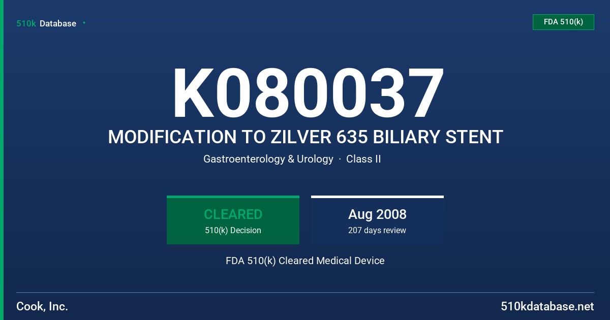 K080037 MODIFICATION TO ZILVER 635 BILIARY STENT FDA 510(k) Cleared Medical Device