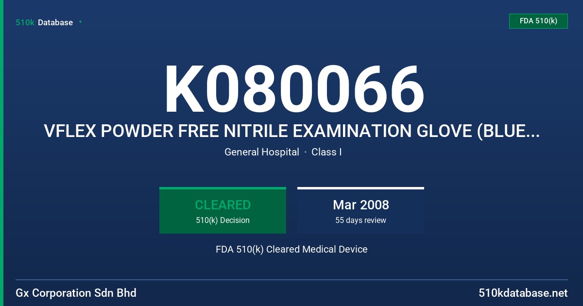K080066 VFLEX POWDER FREE NITRILE EXAMINATION GLOVE (BLUE, WHITE, PINK, AND GRAY COLOR) FDA 510(k) Cleared Medical Device