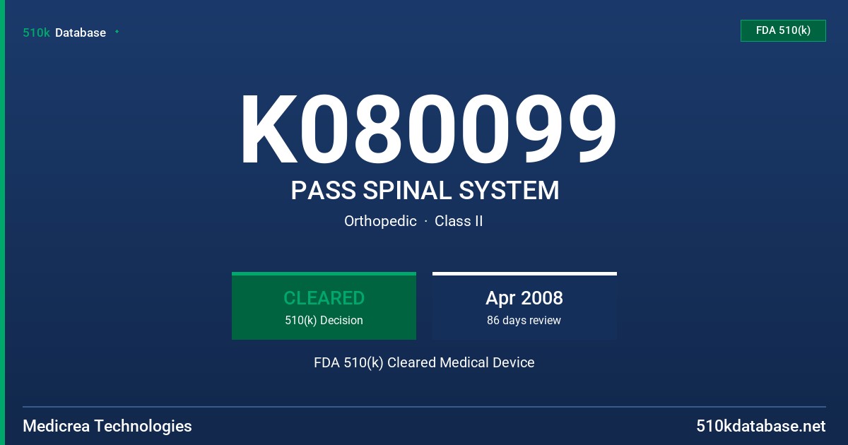 K080099 PASS SPINAL SYSTEM FDA 510(k) Cleared Medical Device