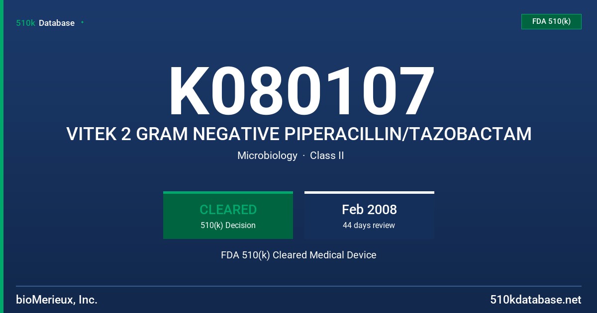 K080107 VITEK 2 GRAM NEGATIVE PIPERACILLIN/TAZOBACTAM FDA 510(k) Cleared Medical Device