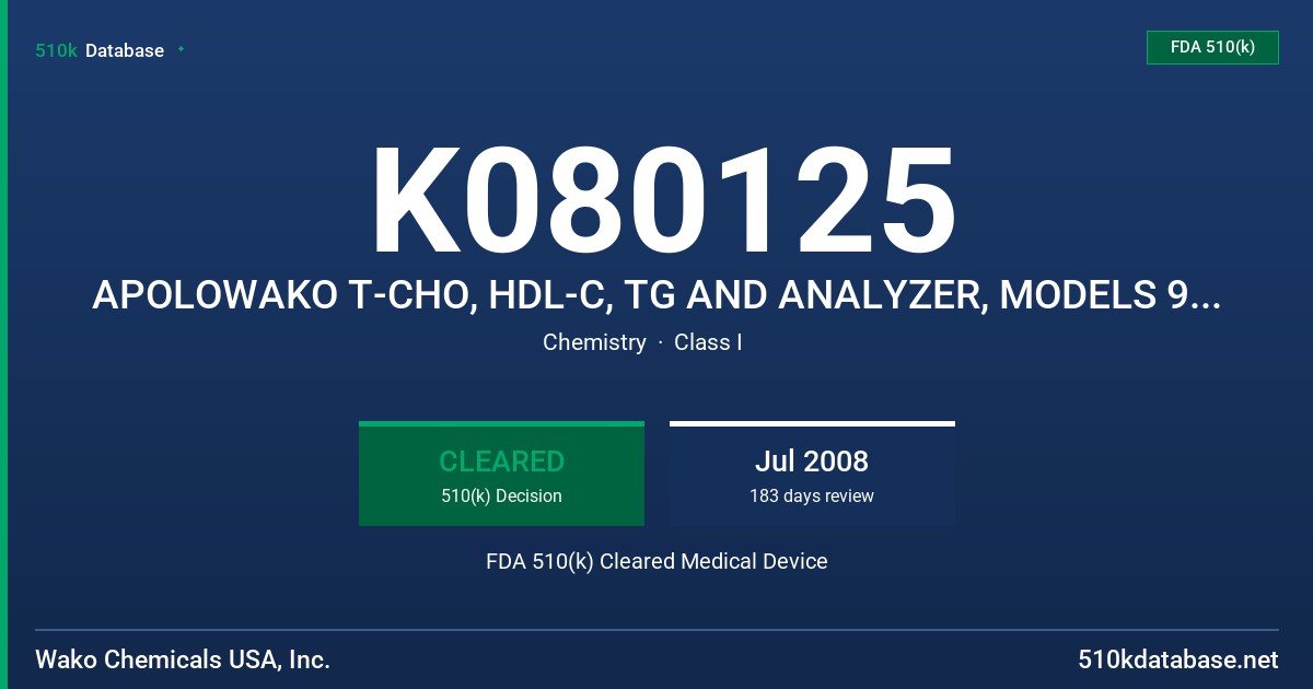 K080125 APOLOWAKO T-CHO, HDL-C, TG AND ANALYZER, MODELS 993-23501, 999-23601, 995-23701 AND 993-25201 FDA 510(k) Cleared Medical Device