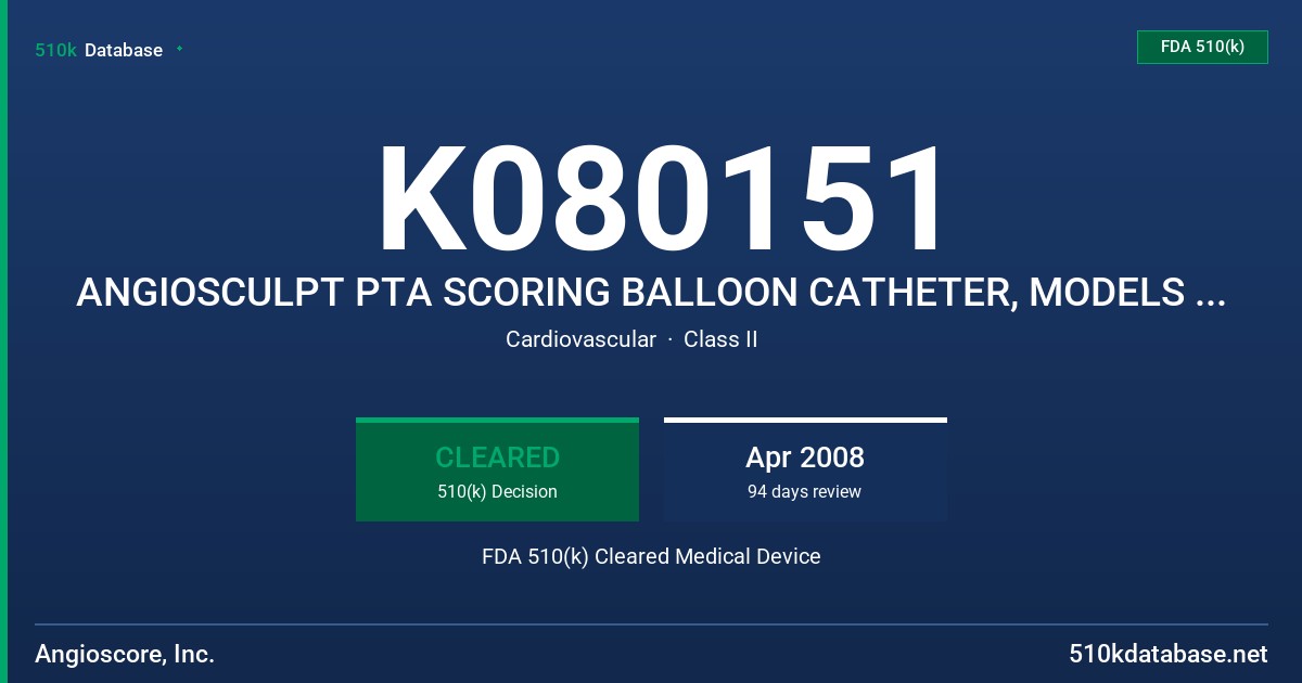 K080151 ANGIOSCULPT PTA SCORING BALLOON CATHETER, MODELS 2076 AND 2039 FDA 510(k) Cleared Medical Device