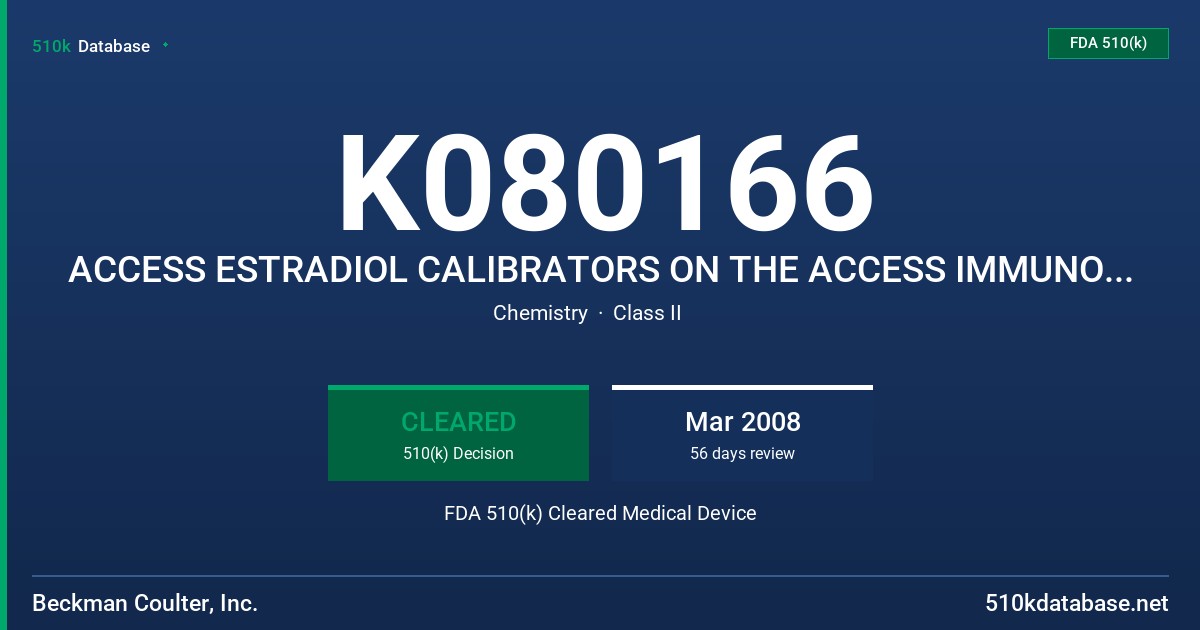 K080166 ACCESS ESTRADIOL CALIBRATORS ON THE ACCESS IMMUNOASSAY SYSTEMS, MODEL 33545 FDA 510(k) Cleared Medical Device