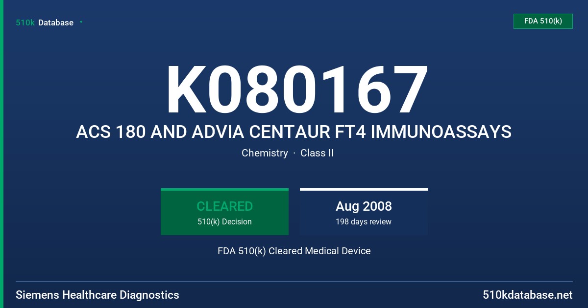 K080167 ACS 180 AND ADVIA CENTAUR FT4 IMMUNOASSAYS FDA 510(k) Cleared Medical Device