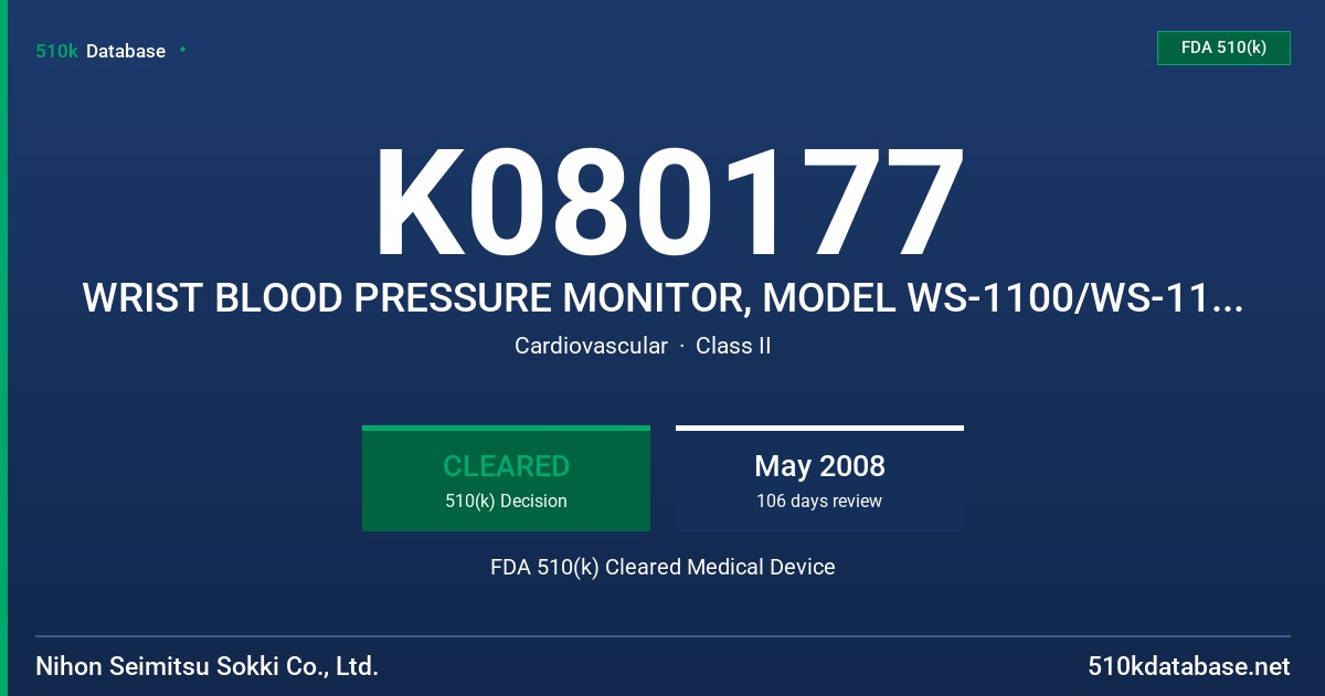 K080177 WRIST BLOOD PRESSURE MONITOR, MODEL WS-1100/WS-1100PV FDA 510(k) Cleared Medical Device