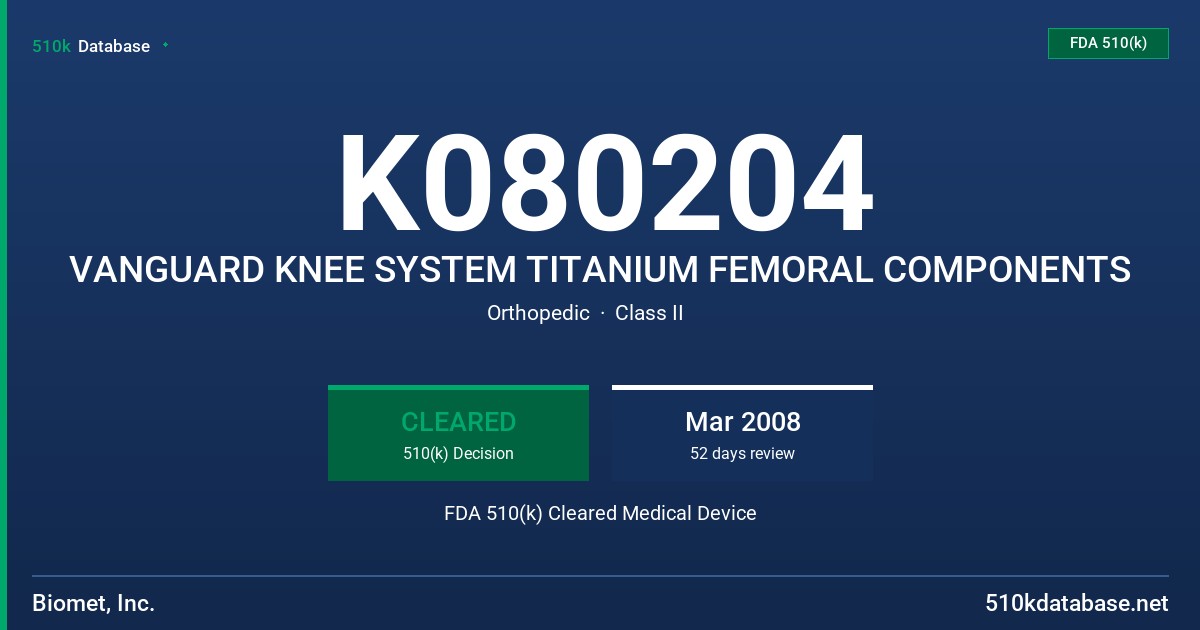 K080204 VANGUARD KNEE SYSTEM TITANIUM FEMORAL COMPONENTS FDA 510(k) Cleared Medical Device