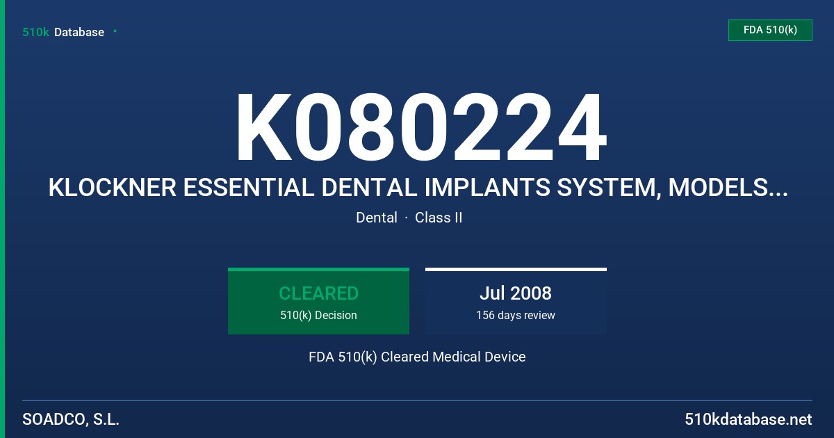 K080224 KLOCKNER ESSENTIAL DENTAL IMPLANTS SYSTEM, MODELS ESSENTIAL CONE (EC), ESSENTIAL SOLID (ES) AND ECK FDA 510(k) Cleared Medical Device