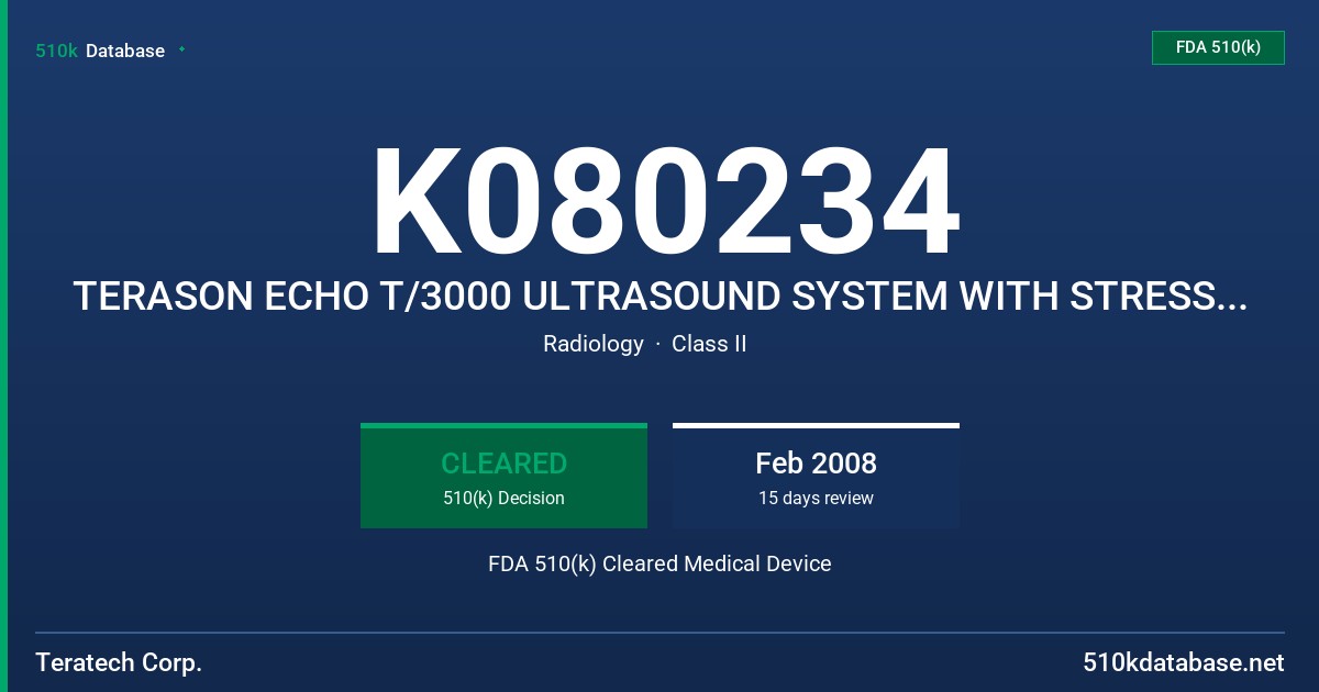 K080234 TERASON ECHO T/3000 ULTRASOUND SYSTEM WITH STRESS ECHO FDA 510(k) Cleared Medical Device
