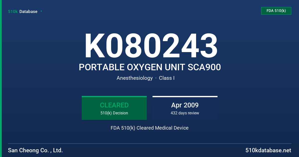 K080243 PORTABLE OXYGEN UNIT SCA900 FDA 510(k) Cleared Medical Device