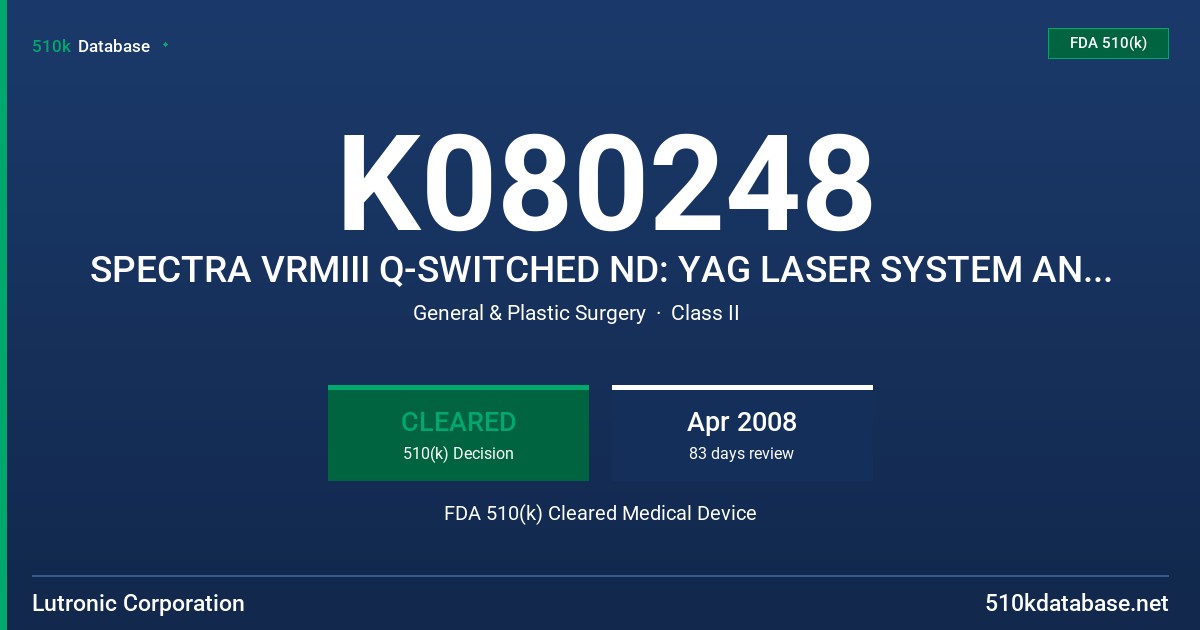 K080248 SPECTRA VRMIII Q-SWITCHED ND: YAG LASER SYSTEM AND DYE HANDPIECES FDA 510(k) Cleared Medical Device