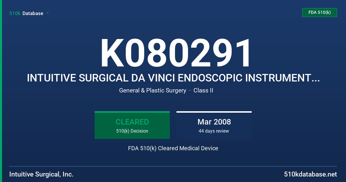 K080291 INTUITIVE SURGICAL DA VINCI ENDOSCOPIC INSTRUMENTS AND CONTROL SYSTEM AND ENDOWRIST STABILIZER FDA 510(k) Cleared Medical Device