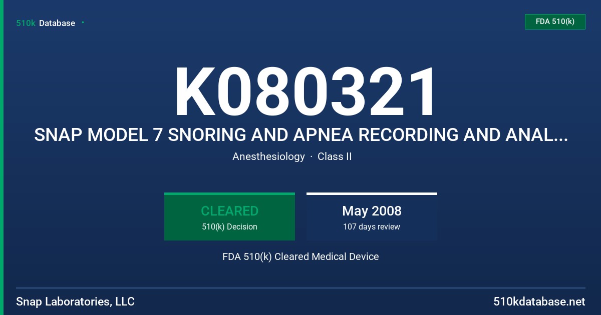K080321 SNAP MODEL 7 SNORING AND APNEA RECORDING AND ANALYSIS SYSTEM FDA 510(k) Cleared Medical Device