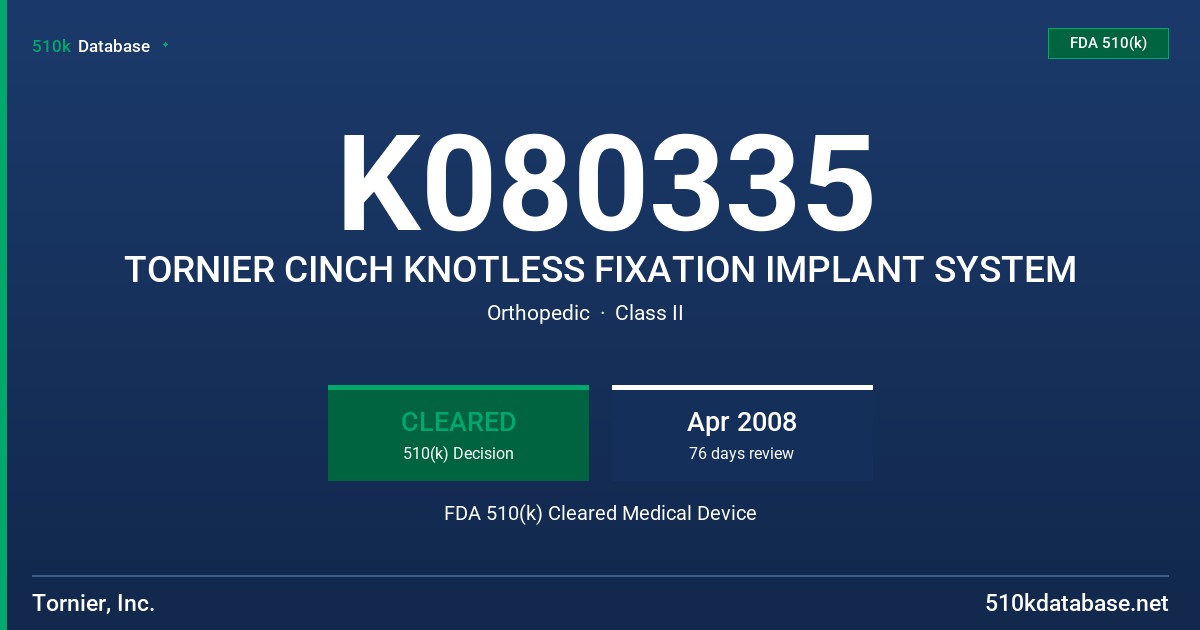 K080335 TORNIER CINCH KNOTLESS FIXATION IMPLANT SYSTEM FDA 510(k) Cleared Medical Device