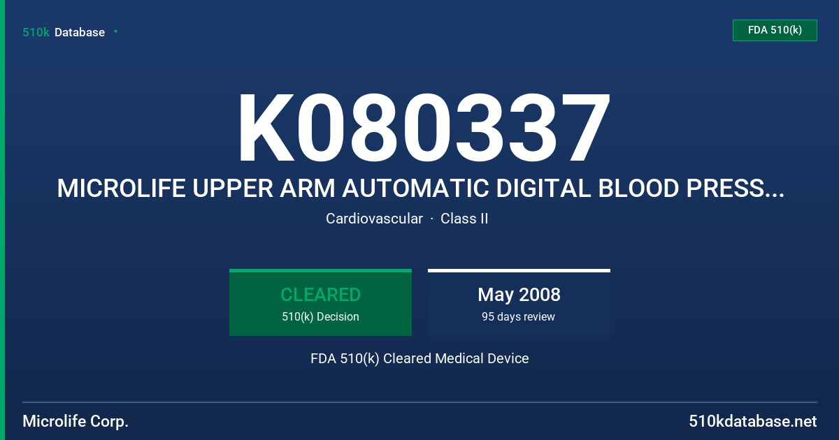 K080337 MICROLIFE UPPER ARM AUTOMATIC DIGITAL BLOOD PRESSURE MONITOR, MODEL BP3MQ1-2D FDA 510(k) Cleared Medical Device