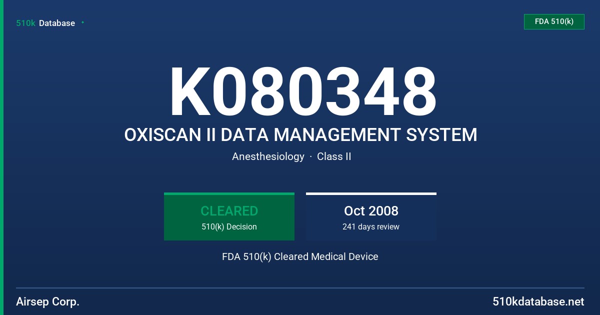 K080348 OXISCAN II DATA MANAGEMENT SYSTEM FDA 510(k) Cleared Medical Device