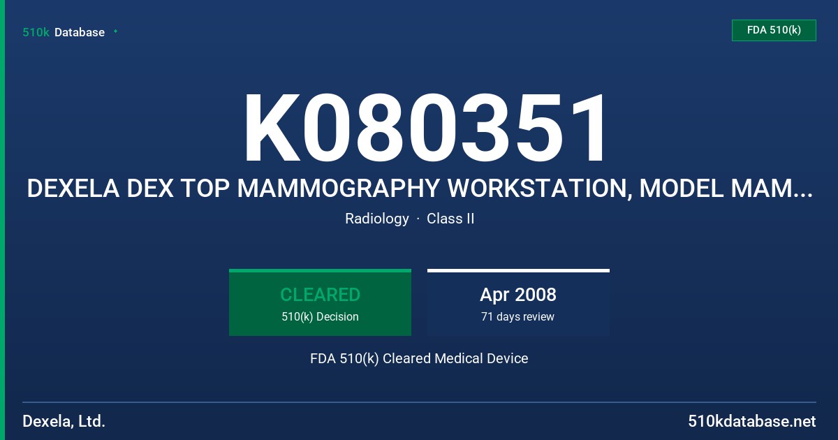 K080351 DEXELA DEX TOP MAMMOGRAPHY WORKSTATION, MODEL MAMWKVI FDA 510(k) Cleared Medical Device