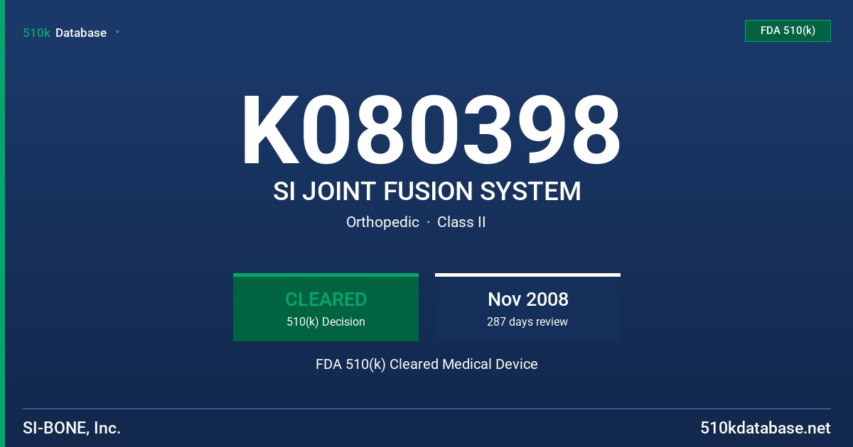 K080398 SI JOINT FUSION SYSTEM FDA 510(k) Cleared Medical Device