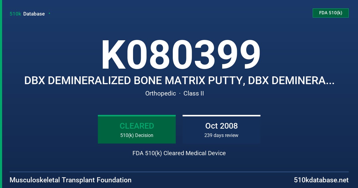 K080399 DBX DEMINERALIZED BONE MATRIX PUTTY, DBX DEMINERALIZED BONE MATRIX PASTE FDA 510(k) Cleared Medical Device