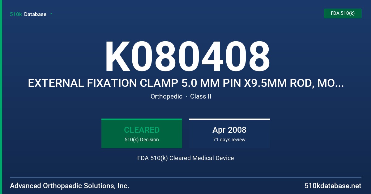 K080408 EXTERNAL FIXATION CLAMP 5.0 MM PIN X9.5MM ROD, MODEL 1151-100, EXTERNAL FIXATON CLAMP, 9.5MM ROD FDA 510(k) Cleared Medical Device