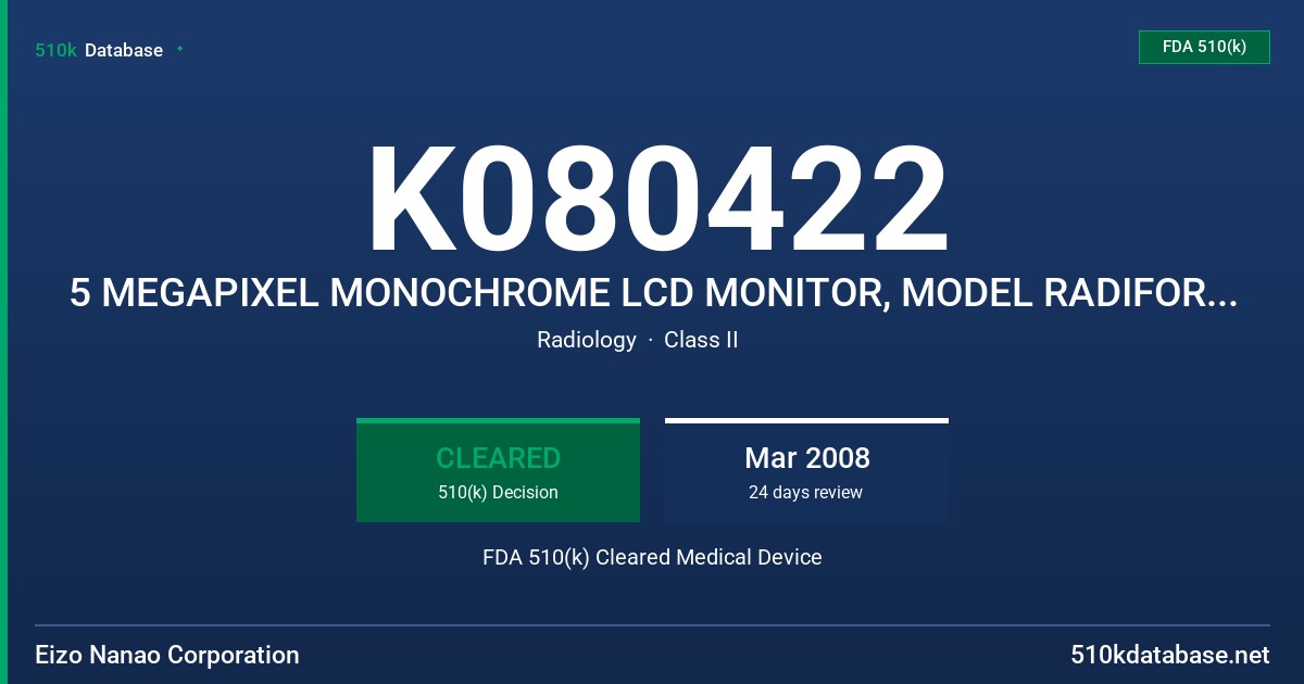 K080422 5 MEGAPIXEL MONOCHROME LCD MONITOR, MODEL RADIFORCE GS520 FDA 510(k) Cleared Medical Device