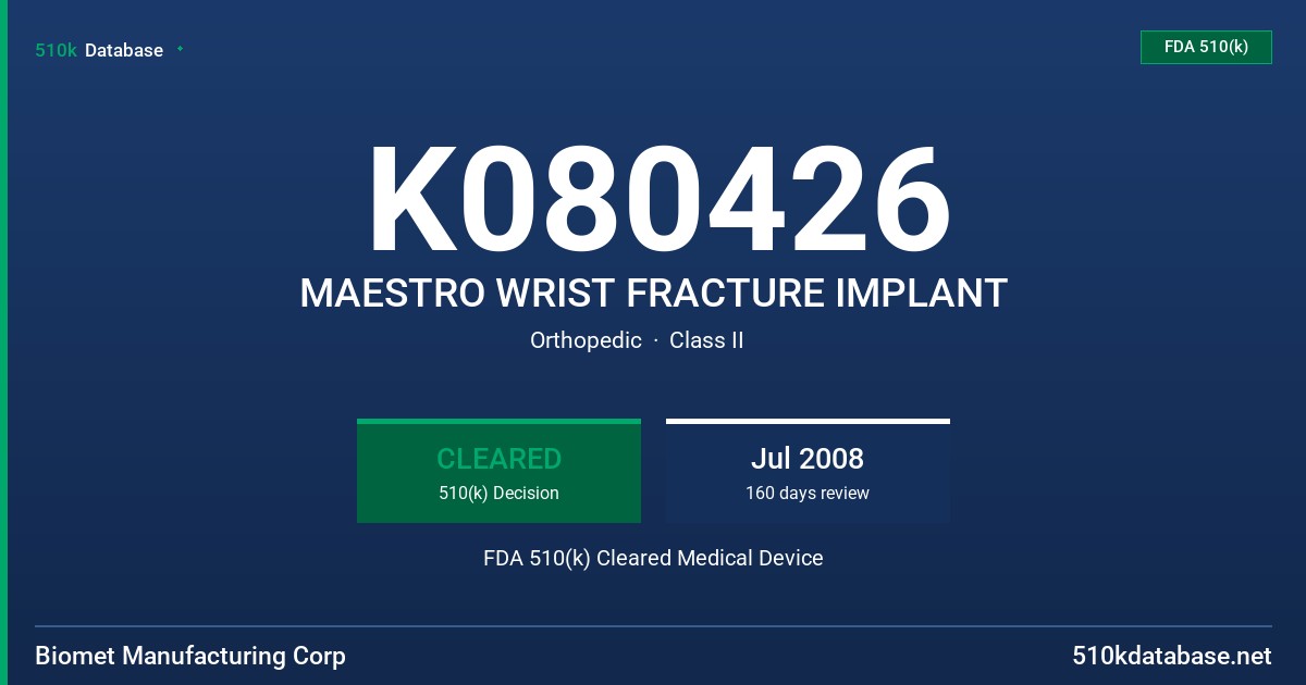 K080426 MAESTRO WRIST FRACTURE IMPLANT FDA 510(k) Cleared Medical Device