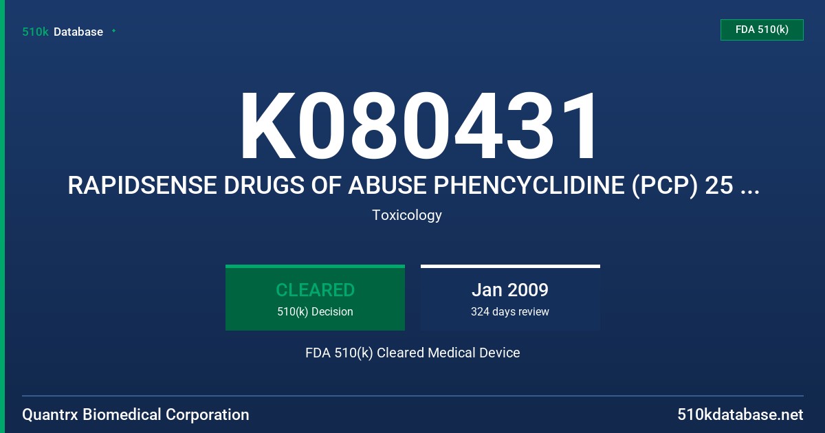 K080431 RAPIDSENSE DRUGS OF ABUSE PHENCYCLIDINE (PCP) 25 DEVICE WITH MODELS 900-0054 FDA 510(k) Cleared Medical Device