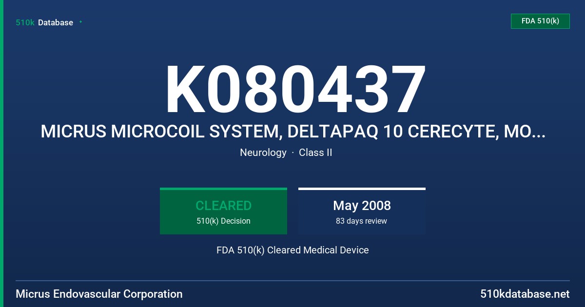 K080437 MICRUS MICROCOIL SYSTEM, DELTAPAQ 10 CERECYTE, MODEL CDF FDA 510(k) Cleared Medical Device
