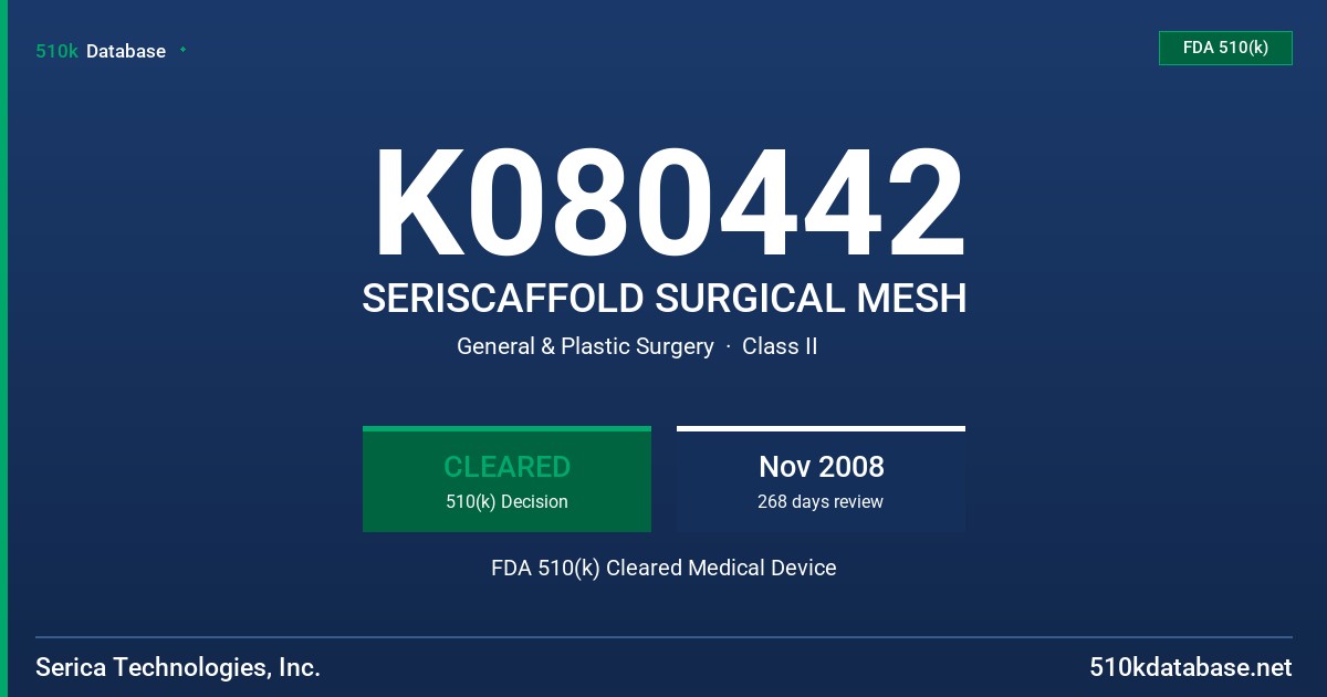 K080442 SERISCAFFOLD SURGICAL MESH FDA 510(k) Cleared Medical Device