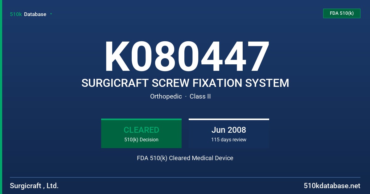 K080447 SURGICRAFT SCREW FIXATION SYSTEM FDA 510(k) Cleared Medical Device