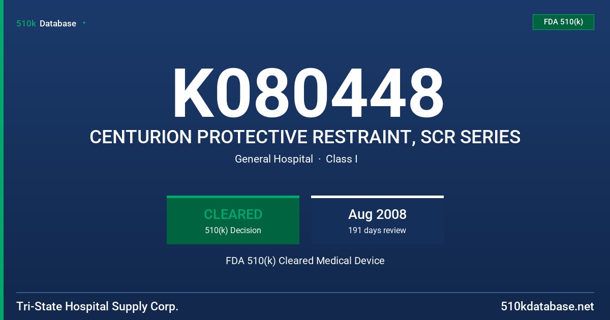 K080448 CENTURION PROTECTIVE RESTRAINT, SCR SERIES FDA 510(k) Cleared Medical Device