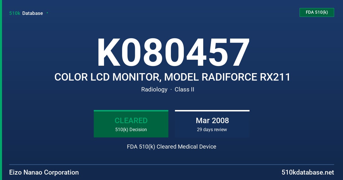 K080457 COLOR LCD MONITOR, MODEL RADIFORCE RX211 FDA 510(k) Cleared Medical Device