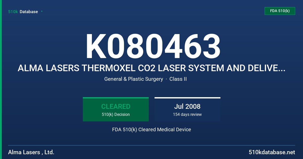 K080463 ALMA LASERS THERMOXEL CO2 LASER SYSTEM AND DELIVERY DEVICE ACCESSORIES FDA 510(k) Cleared Medical Device