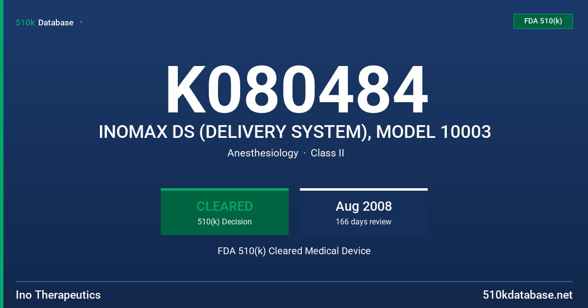 K080484 INOMAX DS (DELIVERY SYSTEM), MODEL 10003 FDA 510(k) Cleared Medical Device