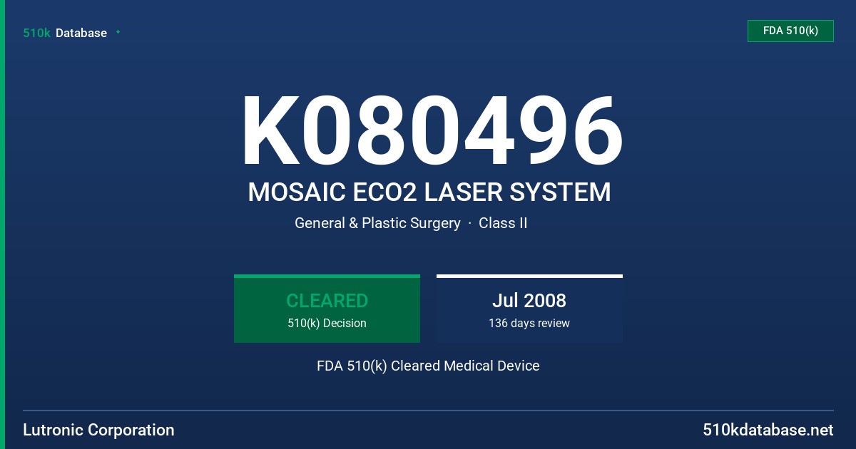 K080496 MOSAIC ECO2 LASER SYSTEM FDA 510(k) Cleared Medical Device