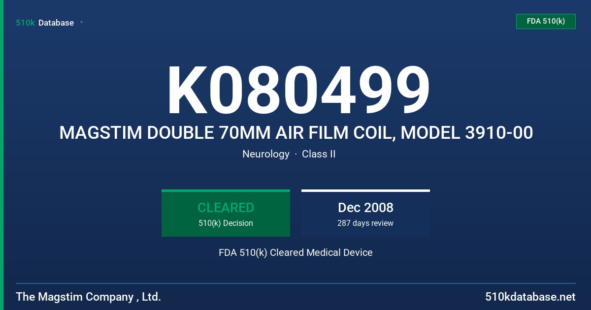 K080499 MAGSTIM DOUBLE 70MM AIR FILM COIL, MODEL 3910-00 FDA 510(k) Cleared Medical Device