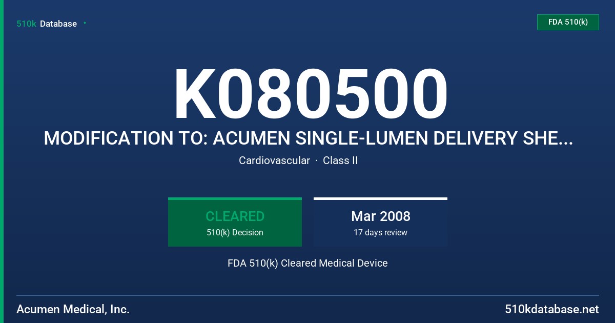 K080500 MODIFICATION TO: ACUMEN SINGLE-LUMEN DELIVERY SHEATH, MODELS BLS-10, BLS-9, BLS-7 FDA 510(k) Cleared Medical Device