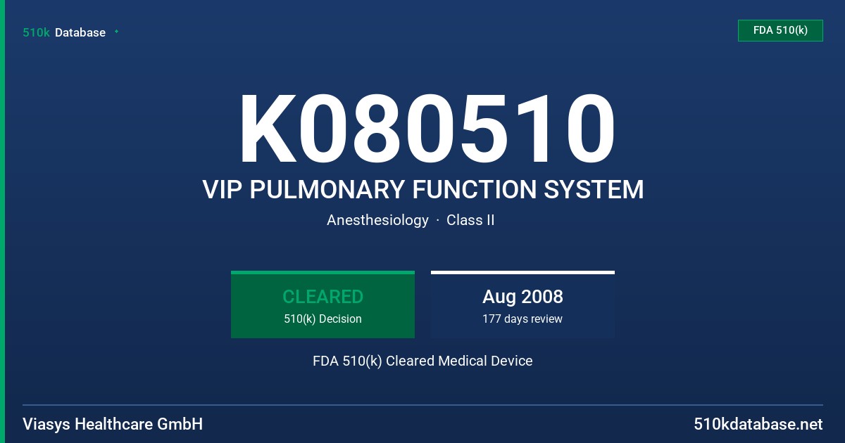 K080510 VIP PULMONARY FUNCTION SYSTEM FDA 510(k) Cleared Medical Device