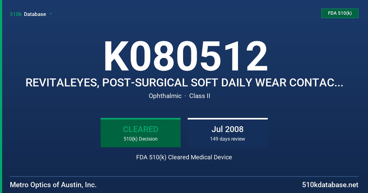 K080512 REVITALEYES, POST-SURGICAL SOFT DAILY WEAR CONTACT LENS (HIOXIFILCON B) CLEAR AND BLUE VISIBILITY TINT FDA 510(k) Cleared Medical Device