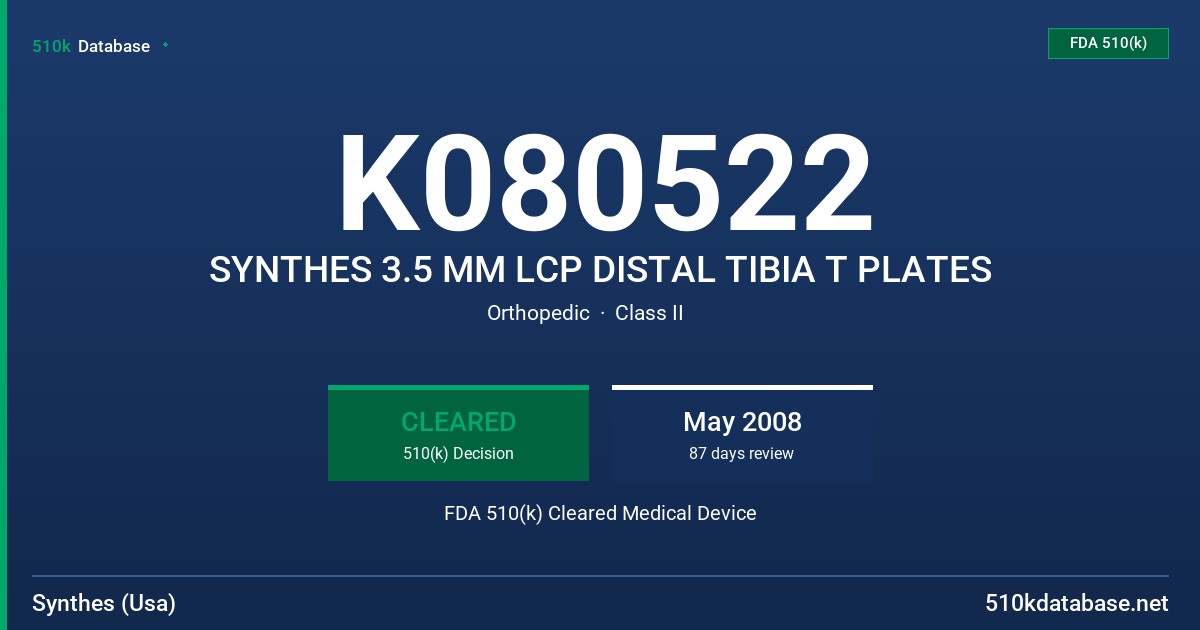 K080522 SYNTHES 3.5 MM LCP DISTAL TIBIA T PLATES FDA 510(k) Cleared Medical Device