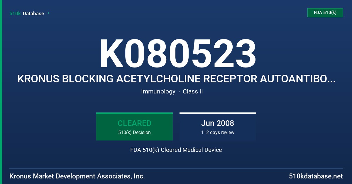 K080523 KRONUS BLOCKING ACETYLCHOLINE RECEPTOR AUTOANTIBODY (ACHRAB) RIA ASSAY KIT FDA 510(k) Cleared Medical Device